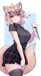  1girl ahoge animal_ear_fluff animal_ears blonde_hair breasts cat_ears cat_girl cat_tail colored_inner_hair commission english_commentary facial_mark grey_thighhighs highres holding holding_knife indie_virtual_youtuber knife looking_at_viewer medium_breasts multicolored_hair purple_hair red_eyes second-party_source short_hair shyrei_faolan skirt solo soup_(soupysoull) tail thighhighs virtual_youtuber whisker_markings 