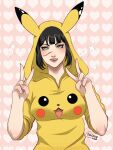  1girl 2024 absurdres animal_ear_hood baldur&#039;s_gate baldur&#039;s_gate_3 black_hair breasts chai_rae commentary double_v dungeons_&amp;_dragons english_commentary green_eyes heart heart_background highres hood hoodie medium_breasts open_mouth pikachu pokemon scar scar_on_cheek scar_on_face scar_on_nose shadowheart_(baldur&#039;s_gate) signature sleeves_rolled_up smile solo sparkle upper_body v yellow_hoodie 