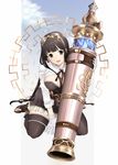  asazuke25 black_eyes black_hair black_legwear blush breasts cannon cleavage dress full_body gloves goggles goggles_on_head granblue_fantasy jessica_(granblue_fantasy) large_breasts long_hair looking_at_viewer smile solo thighhighs white_gloves 