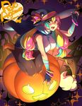  agawa_ryou bare_shoulders bracelet breasts green_eyes halloween hat heterochromia high_heels jack-o'-lantern jewelry long_hair looking_at_viewer medium_breasts mimi_(picarto.tv) multicolored_hair pantyhose picarto.tv pumpkin signature solo thighs witch_hat yellow_eyes 
