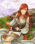  black_cat braid brown_eyes cat cat_on_lap copyright_name detached_sleeves earrings flower goosebumps_(circle) grass jewelry long_hair looking_at_viewer official_art outdoors parted_lips petals pointy_ears red_hair ripples rock seikon_no_arcana solo water watermark 
