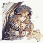  1girl aqua_eyes arknights arm_up black_horns blonde_hair blunt_bangs breasts collarbone commentary_request cropped_torso curtain_grab curtains dress gold_collar hat head_chain highres horns jewelry long_hair looking_at_viewer low_twintails medium_breasts mixed-language_commentary nightingale_(arknights) nightingale_(iakhu_of_flows)_(arknights) official_alternate_costume one-hour_drawing_challenge pointy_ears seven_(sevenmisaka7) sidelocks signature simple_background single_bare_shoulder single_off_shoulder sketch smile solo sparkle twintails white_background white_dress white_hat white_headdress yellow_pupils 