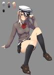  adjusting_clothes adjusting_hat alternate_costume black_legwear blonde_hair blue_eyes blush bow bowtie cardigan color_guide full_body graf_zeppelin_(kantai_collection) grey_background hat kantai_collection kneehighs loafers long_sleeves peaked_cap pleated_skirt shoes sitting skirt solo touyama_eight twintails 