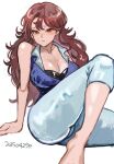  1girl blue_vest breasts brown_eyes brown_hair cleavage_cutout closed_mouth clothing_cutout commentary dated english_commentary gundam gundam_00 highres looking_at_viewer messy_hair okrdisk2000 sitting sleeveless solo sumeragi_lee_noriega thighs vest white_background 