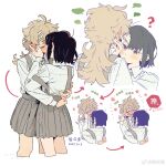  2girls ? black_hair blonde_hair blush chinese_text closed_eyes collared_shirt ear_blush grey_necktie grey_skirt hair_ornament hairclip hand_on_another's_face highres kiss long_hair long_sleeves minamip multiple_girls necktie original pleated_skirt red_eyes school_uniform shirt short_hair simple_background skirt speech_bubble suspender_skirt suspenders translation_request watermark weibo_watermark white_background white_shirt yuri 