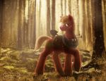  big_macintosh_(mlp) day detailed equine feral forest friendship_is_magic fur green_eyes hair hooves male mammal my_little_pony orange_hair outside red_fur shaadorian smile solo standing tree 