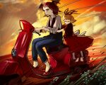  2girls arms_around_waist black_vest blonde_hair blue_pants cigarette closed_eyes closed_mouth cloud collared_shirt demon_wings denim dusk grass hair_ribbon head_wings high_heels hotoke_party jeans koakuma long_sleeves medicine_melancholy motion_blur motor_vehicle multiple_girls on_scooter outdoors pants red_hair red_ribbon red_shoes red_skirt ribbon scooter shirt shoes short_hair size_difference skirt smile smoke smoking touhou vespa vest white_shirt wings 