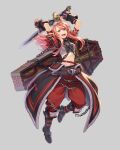  1girl artist_request asgard baggy_pants belt black_boots black_coat black_gloves boots breasts brown_belt coat coffin collar crop_top cropped_shirt fingerless_gloves fur_trim gloves grey_background grey_shirt highres holding holding_sword holding_weapon knee_boots leg_belt legs_apart logo long_hair medium_breasts midriff multiple_belts nexon official_art open_mouth pants pink_hair red_pants second-party_source shirt sidelocks silver_chain simple_background spiked_belt spiked_boots studded_belt studded_collar sword teeth upper_teeth_only warrior_(asgard) weapon wrist_belt 
