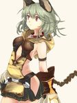  :3 animal_ears breasts claw_(weapon) claws collar erune gloves granblue_fantasy hair_between_eyes hotaru_(applehit) long_hair red_eyes sen_(granblue_fantasy) silver_hair simple_background skirt small_breasts smile solo weapon 