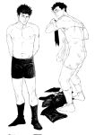  1boy armpit_hair ass bite_mark bite_mark_on_ass bite_mark_on_leg bite_mark_on_shoulder bite_mark_on_thigh blush boxers closed_mouth completely_nude ear_blush full_body greyscale highres higuruma_hiromi holding holding_shirt holding_unworn_clothes implied_yaoi jujutsu_kaisen looking_at_viewer male_focus male_underwear monochrome multiple_bite_marks multiple_views navel navel_hair nipples nude shirt short_hair shoulder_blush simple_background smokerichi socks standing underwear unworn_clothes unworn_shirt white_background 