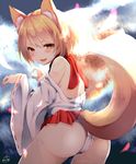  animal_ear_fluff animal_ears ass bare_shoulders blonde_hair blush brown_eyes chita_(ketchup) fang fox_ears fox_tail highres looking_at_viewer looking_back off_shoulder open_mouth original panties short_hair skirt smile solo tail underwear white_panties 