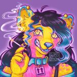 1:1 2024 5_fingers anthro artist_name barbell_piercing black_bra black_clothing black_eyebrows black_hair black_underwear blonde_eyelashes blue_clothing blue_collar blue_eyeshadow blue_gums blue_highlights blue_nose blue_shirt blue_tongue blue_topwear bra bust_portrait cigarette cigarette_smoke claws clothed clothed_anthro clothed_female clothing collar collar_tag colored colored_line_art diamond_pupils digital_drawing_(artwork) digital_media_(artwork) dot_(doublestep_dot) english_description eyebrow_through_hair eyebrows eyelashes eyeshadow female female_anthro finger_claws fingers fur glossopho gold_ear_ring hair highlights_(coloring) holding_cigarette holding_object hyena icon light lighting lit_cigarette long_hair makeup mammal markings multicolored_hair open_mouth open_smile pawpads piercing pink_body pink_fur pink_pawpads pink_spots portrait pupils purple_background purple_line_art shaded sharp_teeth shirt simple_background smile smoke solo spots spotted_body spotted_fur teeth text tongue topwear translucent translucent_hair two_tone_hair underwear wavy_hair white_claws yellow_body yellow_eyes yellow_fur yellow_pupils