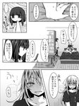 2girls bed blush carpet check_translation comic greyscale highres mimoto_(aszxdfcv) monochrome multiple_girls open_mouth original partially_translated shaded_face sharp_teeth shirt shorts skirt t-shirt table teeth thighhighs translation_request 
