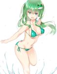  :d armpits arms_at_sides bare_shoulders bikini blue_eyes blush breasts cleavage collarbone cowboy_shot frog_hair_ornament from_side green_bikini green_hair hair_ornament hair_tubes highres kochiya_sanae leaning_forward long_hair looking_at_viewer looking_to_the_side medium_breasts navel open_mouth side-tie_bikini sideboob smile solo stomach swimsuit touhou underboob white_background yonaga_(masa07240) 
