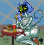  anthro barrel big_breasts big_butt blush body_blush breast_blush breasts burger butt butt_blush chair container cup eating eating_food electrical_plug_tail electronics fast_food featureless_breasts felid feline female food furniture gothycollie hi_res karen_plankton machine mammal metallic_body monitor nickelodeon on_chair robot robot_anthro sitting sitting_on_chair solo spongebob_squarepants 