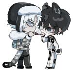  2boys animal_ears black_eyes black_hair camouflage camouflage_jacket chibi cigar cigarette cigarette_kiss colored_eyelashes colored_sclera dilnyan03 english_commentary eyepatch full_body fur-trimmed_jacket fur_trim grey_jacket grey_sclera highres holding holding_cigar holding_cigarette jacket looking_at_another male_focus medical_eyepatch multiple_boys original rabbit_boy rabbit_ears rabbit_tail racing_suit short_hair simple_background smoking snake_boy snake_tail standing tail ushanka white_background white_eyes white_hair 