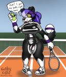 adidas anthro ball ball_slip bodysuit border_collie breasts bulge canid canine canis choker clothing collie detailed_bulge digital_drawing_(artwork) digital_media_(artwork) domestic_dog english_description english_text footwear fur genital_outline gothycollie gynomorph hair herding_dog hi_res intersex jewelry latex latex_clothing mammal mishka_(gothycollie) necklace pastoral_dog penis_outline purple_hair sheepdog shoes skinsuit sneakers solo sweatband tennis_ball tennis_court tennis_racket text tight_clothing white_body white_fur yellow_eyes 