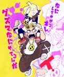  2boys angry black_pants blonde_hair chain chibi eyewear_on_head facepalm gladion_(pokemon) guzma_(pokemon) hair_over_one_eye male_focus minashirazu mismatched_pupils multiple_boys pants pokemon shirt shoes sneakers sweat watch white_hair white_shirt wristwatch yellow-framed_eyewear 