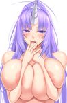  areola_slip areolae blush breast_press breasts collarbone commentary_request covering_nipples finger_licking hair_intakes hair_ornament horn huge_breasts lavender_eyes lavender_hair licking long_hair looking_at_viewer nude original ponytail shuugetsu_karasu sidelocks solo tongue tongue_out upper_body white_background 