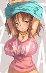  blush breasts brown_eyes brown_hair cleavage highres huge_breasts idolmaster idolmaster_cinderella_girls jewelry looking_at_viewer nametake_(nekoyasya12172) necklace parted_lips solo tank_top totoki_airi twintails undressing 