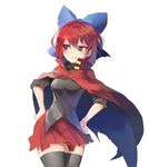  black_legwear blouse bow breasts cape clear_echoes contrapposto hair_bow hands_on_hips highres medium_breasts miniskirt pleated_skirt red_eyes red_hair red_skirt sekibanki short_hair skirt sleeves_rolled_up smile solo standing thighhighs touhou zettai_ryouiki 