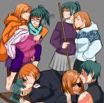  2girls barefoot black_jacket blue_scarf blush closed_eyes coat commentary english_commentary eyepatch gakuran glasses green_hair grey_background grey_skirt highres holding jacket jujutsu_kaisen jujutsu_tech_uniform kiss kugisaki_nobara leggings long_hair lumen_sky multiple_girls orange_coat orange_hair parted_lips pink_jacket pleated_skirt ponytail purple_jacket purple_leggings scar scar_on_face scarf school_uniform short_hair simple_background skirt smile toes white_jacket yuri zen&#039;in_maki 