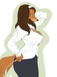  anthro big_breasts big_butt breasts brown_fur brown_hair butt canine cleavage clothed clothing curvaceous dog eyelashes eyewear female fur glasses green_eyes hair hand_behind_head hand_on_hip headband kikurage long_hair looking_at_viewer mammal mature_female pointer shirt simple_background skirt white_background 