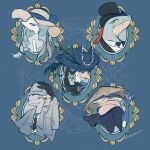  5others beak black_hat black_necktie blue_background blue_bow blue_coat blue_eyes blue_hair blue_hat bow braid brown_hat cavalier_hat clothed_pokemon coat conical_hat fangs feraligatr furry greninja hat highres inteleon lizard looking_at_viewer multiple_others necktie other_focus plume pokemon pokemon_(creature) primarina quaquaval red_eyes rendoll simple_background snout suit sun_hat through_medium through_painting tongue_scarf top_hat upper_body webbed_feet webbed_hands yellow_eyes 