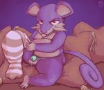  anthro bodily_fluids chastity_cage chastity_device chastity_strap clothing fur generation_1_pokemon genital_fluids green_chastity_cage leaking_precum legwear looking_at_viewer male nintendo pillow pokemon pokemon_(species) precum purple_body purple_fur putting_on_socks rattata ren_(shinyluvdisc) shinyluvdisc solid_chastity_cage solo thigh_highs wearing_chastity_cage wearing_chastity_device 