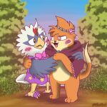  arm_around_partner avian beak bird blue_body blue_feathers blush blush_lines bow_tie buizel clothing colored_nails dirt duo feathers feet flower flower_crown flower_on_head fur generation_4_pokemon generation_5_pokemon half-closed_eyes hand_holding hood kimmy_(psykwol) lotus_(psykwol) male male/male mammal mustelid nails narrowed_eyes nintendo orange_body orange_fur otter painted_claws pink_eyes plant pokemon pokemon_(species) psykwol rufflet shirt shrub sky star_pattern starry_eyes talons tan_body tan_fur toes topwear white_body white_feathers wings 