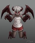  :d bare_shoulders claw_pose collarbone dark_skin demon_girl demon_horns demon_wings fangs grey_background grey_hair hair_ornament hairclip horns looking_at_viewer monster_girl open_mouth original personification ray-k red_eyes red_shorts shirt short_hair shorts signature simple_background smile solo tank_top teeth v-shaped_eyebrows white_shirt wings 