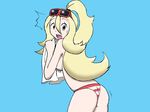  1girl ass blonde_hair breasts caught covering downzekd embarrassed gym_leader high_ponytail koruni_(pokemon) long_hair nintendo no_bra panties pokemon pokemon_(anime) pokemon_(game) pokemon_xy ponytail solo sunglasses topless towl very_long_hair 