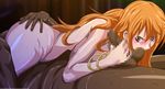  1girl 69 ass ass_grab blush bracelet breasts cahlacahla censored cunnilingus dark_skin fellatio handjob highres large_breasts legs long_hair looking_back lying lying_on_person mosaic_censoring motion_blur nami_(one_piece) nude on_stomach one_piece oral orange_hair penis red_eyes solo_focus sweat thighs 