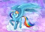  blue_feathers blue_fur cloud cutie_mark equine eyelashes feathered_wings feathers female feral friendship_is_magic fur hair hooves mammal multicolored_hair my_little_pony nude pegasus pink_eyes rainbow_dash_(mlp) rainbow_hair shaadorian solo standing wings 