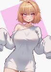  1girl absurdres arcueid_brunestud bare_shoulders blonde_hair blush breasts fukou highres large_breasts long_sleeves looking_at_viewer off_shoulder red_eyes shirt short_hair sleeves_past_fingers sleeves_past_wrists smile solo tsukihime white_shirt 