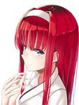  blue_eyes blush closed_mouth hairband hands_together highres i.f.s.f japanese_clothes long_hair looking_at_viewer melty_blood portrait red_hair sidelocks simple_background smile solo toono_akiha tsukihime vermillion_akiha white_background white_hairband 