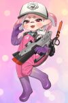  1girl absurdres baseball_cap black_hat boots commission elbow_gloves full_body gloves hat highres holding holding_weapon inkling inkling_girl inkling_player_character jumpsuit knee_boots lifebuoy looking_at_viewer open_mouth parted_bangs pink_eyes pink_hair pink_jumpsuit pointy_ears ponytail puchiman purple_boots purple_gloves rubber_boots rubber_gloves s-blast_(splatoon) salmon_run_(splatoon) second-party_source shirt short_hair skeb_commission smile solo splatoon_(series) splatoon_3 standing swim_ring tentacle_hair two-tone_hat weapon white_hat white_shirt 