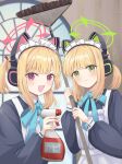 2girls :d a_ekoa absurdres animal_ear_headphones animal_ears apron black_dress blonde_hair blue_archive blue_bow blue_bowtie blunt_bangs blush bow bowtie broom cat_ear_headphones cat_ears closed_mouth commentary dress eyes_visible_through_hair fake_animal_ears green_eyes green_halo halo hand_up headphones highres holding holding_broom indoors long_sleeves maid maid_headdress medium_hair midori_(blue_archive) midori_(maid)_(blue_archive) momoi_(blue_archive) momoi_(maid)_(blue_archive) multiple_girls official_alternate_costume official_alternate_hairstyle open_mouth ponytail puffy_long_sleeves puffy_sleeves red_eyes red_halo siblings sidelocks sisters smile twins upper_body v-shaped_eyebrows white_apron window 