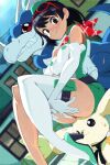  1girl bare_shoulders black_eyes black_hair breasts coat digimon digimon_story:_time_stranger dress green_dress highres lab_coat large_breasts outdoors red_eyes short_hair single_thighhigh supermondobeat terriermon terriermon_joshu thighhighs two-tone_dress v-dramon white_coat white_dress white_thighhighs yuuki_kanan 