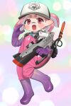  1girl :d absurdres baseball_cap black_hat boots commission elbow_gloves fangs full_body gloves hat highres holding holding_weapon inkling inkling_girl inkling_player_character jumpsuit knee_boots lifebuoy looking_at_viewer open_mouth parted_bangs pink_eyes pink_hair pink_jumpsuit pointy_ears ponytail puchiman purple_boots purple_gloves rubber_boots rubber_gloves s-blast_(splatoon) salmon_run_(splatoon) second-party_source shirt short_hair skeb_commission smile solo splatoon_(series) splatoon_3 standing swim_ring tentacle_hair two-tone_hat weapon white_hat white_shirt 