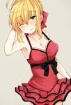  ahoge armpits bangs bare_shoulders black_bow blonde_hair blush bow braid breasts camisole cleavage collarbone cowboy_shot eyebrows eyebrows_visible_through_hair fate/extra fate_(series) french_braid green_eyes hair_intakes hair_ribbon hand_on_own_head medium_breasts modern_costume_of_crimson nero_claudius_(fate) nero_claudius_(fate)_(all) one_eye_closed ribbon sabujiroko short_hair sidelocks simple_background solo 