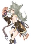  :3 aizawa_masaya animal_ears blush breasts claw_(weapon) claws collar erune gloves granblue_fantasy hair_between_eyes highres long_hair looking_at_viewer red_eyes sen_(granblue_fantasy) silver_hair simple_background skirt small_breasts smile solo weapon 