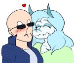 2025 2_horns abelisaurid anthro arsenic_iii bald blue_body blue_clothing blue_eyes blue_hair blue_jacket blue_scales blue_topwear blush blush_lines carnotaurus cavemanon_studios clothing digital_drawing_(artwork) digital_media_(artwork) dinosaur duo eyelashes eyes_closed eyewear female female_on_human grace_(iwhtg) hair hi_res horn human human_on_anthro i_wani_hug_that_gator inco_(iwhtg) interspecies jacket kissing_cheek light-skinned_male light_body light_skin long_hair male male/female male_on_anthro mammal prehistoric_species reptile saurischian scales scalie sharp_teeth simple_background smile snaggle_teeth snout sunglasses teeth theropod topwear white_background