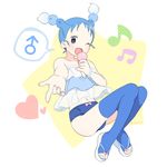  beamed_eighth_notes blue_hair bracelet braid brionne collarbone drill_(popsiclette) eighth_note fang finger_gun food gen_7_pokemon heart ice_cream jewelry male_focus mars_symbol midriff musical_note navel one_eye_closed otoko_no_ko personification pink_pupils pokemon sandals solo speech_bubble spoken_mars_symbol star thighhighs toeless_legwear twin_braids white_background 