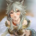  animal_ears blush breasts collar collarbone darudana erune fang granblue_fantasy hair_between_eyes highres long_hair looking_at_viewer red_eyes sen_(granblue_fantasy) silver_hair skirt smile solo 