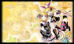  1girl blonde_hair boots brother_and_sister collar demon_girl dress dual_persona elbow_gloves frills gloves highres horns kagamine_len kagamine_rin kitano_tomotoshi pitchfork pretty_panties_akuma_rin_(vocaloid) siblings striped striped_legwear tail thighhighs twins vocaloid zoom_layer 