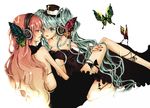  akikawa_eiri aqua_eyes aqua_hair bare_shoulders black_dress black_nails butterfly_wings dress face-to-face hat hatsune_miku headphones honey long_hair magnet_(vocaloid) megurine_luka mini_hat mini_top_hat multiple_girls nail_polish pink_eyes pink_hair tongue top_hat vocaloid wings yuri 