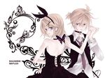  1girl black_dress blonde_hair blue_eyes brother_and_sister bug butterfly character_name dress hair_ornament hair_ribbon hairclip holding_hands insect jikei kagamine_len kagamine_rin migikata_no_chou_(vocaloid) necktie ribbon short_hair siblings twins vocaloid 