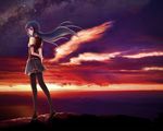  arms_behind_back bad_id bad_pixiv_id blue_hair cliff cloud hair_ribbon long_hair looking_back original ouka_mai purple_eyes ribbon scenery sky solo star_(sky) starry_sky sunset thighhighs very_long_hair wind wings zettai_ryouiki 