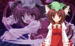  animal_ears brown_hair cat_ears cat_tail chen earrings fang hat highres jewelry multiple_tails red_eyes short_hair solo tail touhou touhou_unreal_mahjong wallpaper yamu_(reverse_noise) 